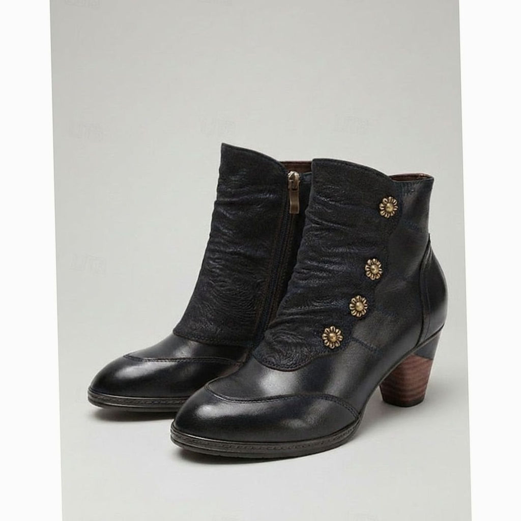 Women's Block-Heeled Booties Floral-Button Ruched Ankle Boots - Black