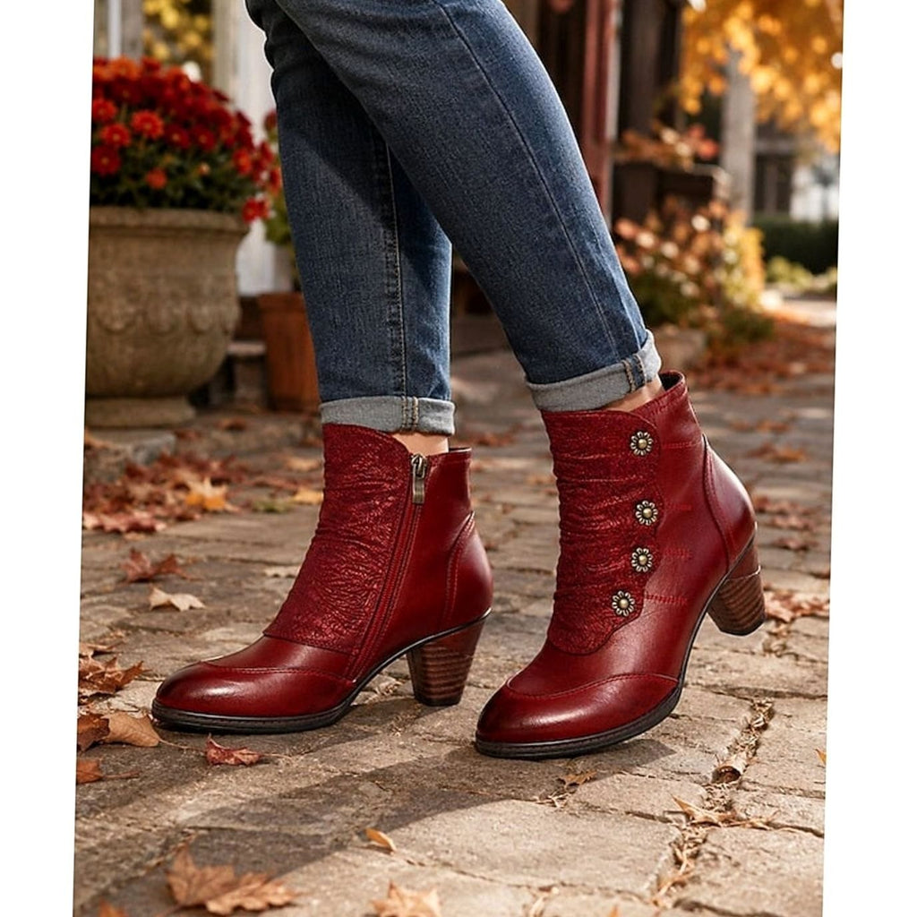 Women's Block-Heeled Booties Floral-Button Ruched Ankle Boots