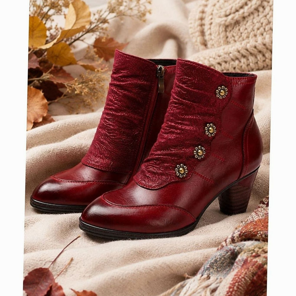 Women's Block-Heeled Booties Floral-Button Ruched Ankle Boots