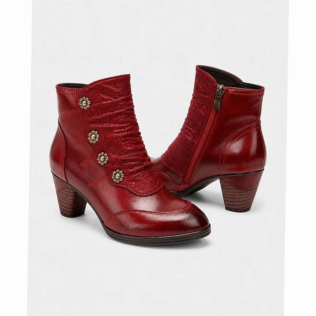 Women's Block-Heeled Booties Floral-Button Ruched Ankle Boots