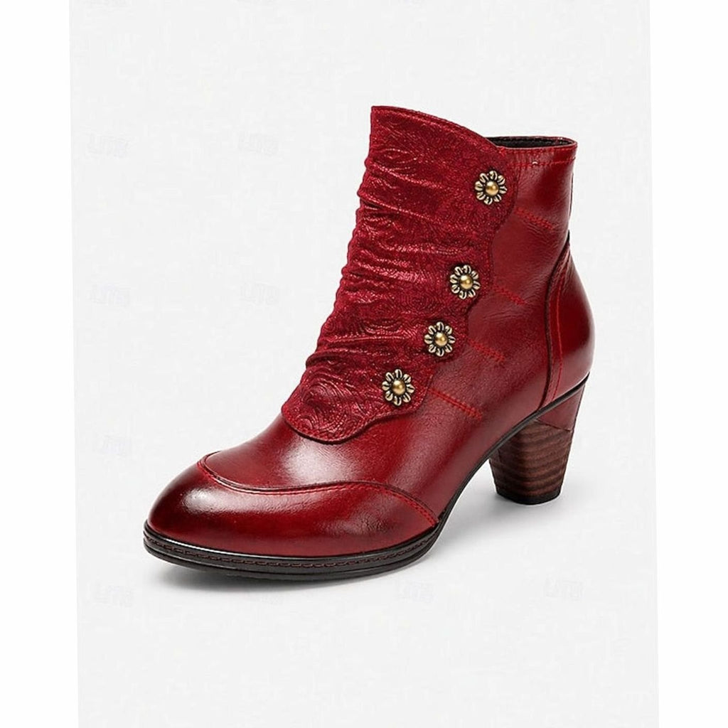 Women's Block-Heeled Booties Floral-Button Ruched Ankle Boots