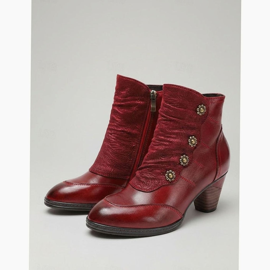 Women's Block-Heeled Booties Floral-Button Ruched Ankle Boots - Wine