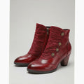 Women's Block-Heeled Booties Floral-Button Ruched Ankle Boots - Wine
