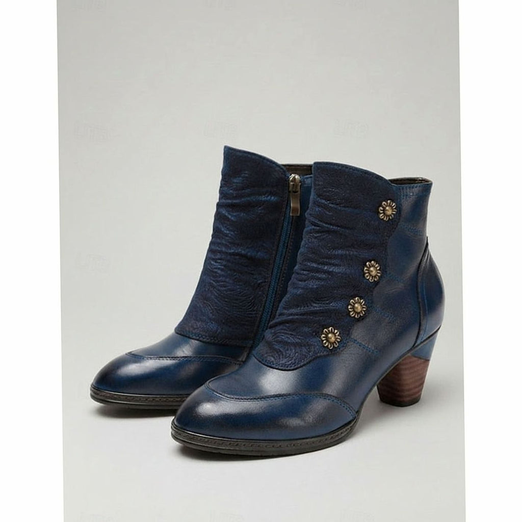 Women's Block-Heeled Booties Floral-Button Ruched Ankle Boots - Blue