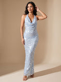 Women's Blue Halter Cowl-Neck Sequin Maxi Dress - Blue