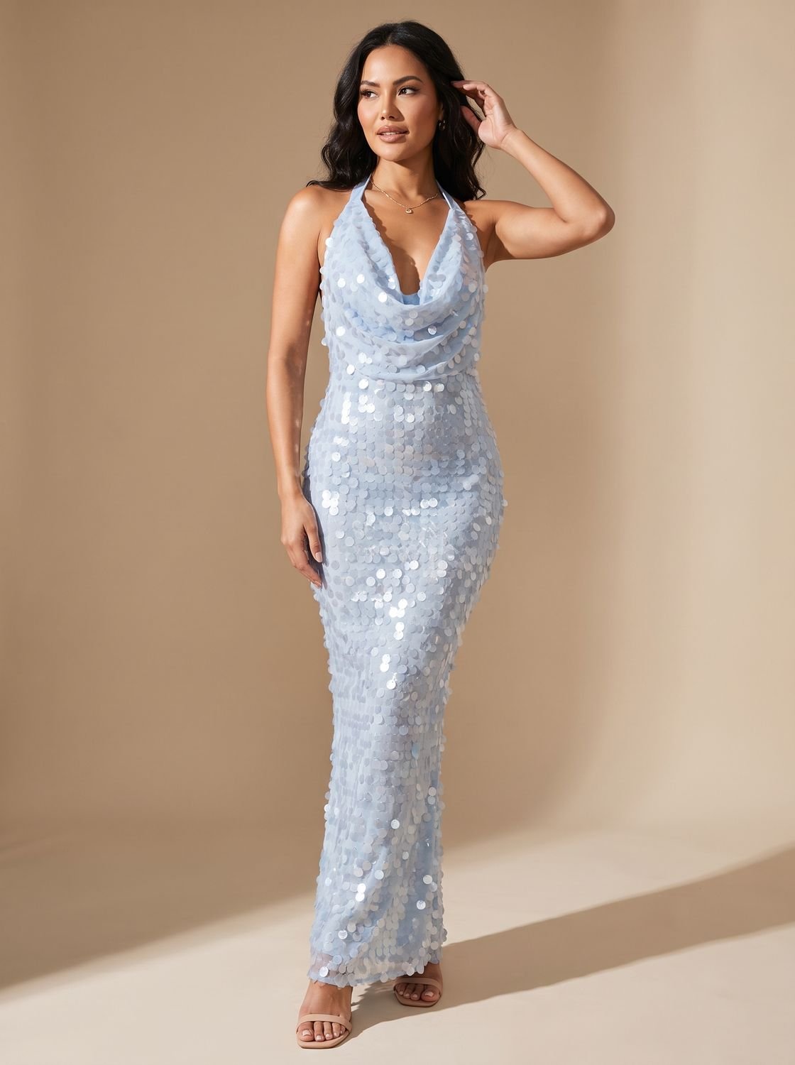 Women's Blue Halter Cowl-Neck Sequin Maxi Dress - Blue