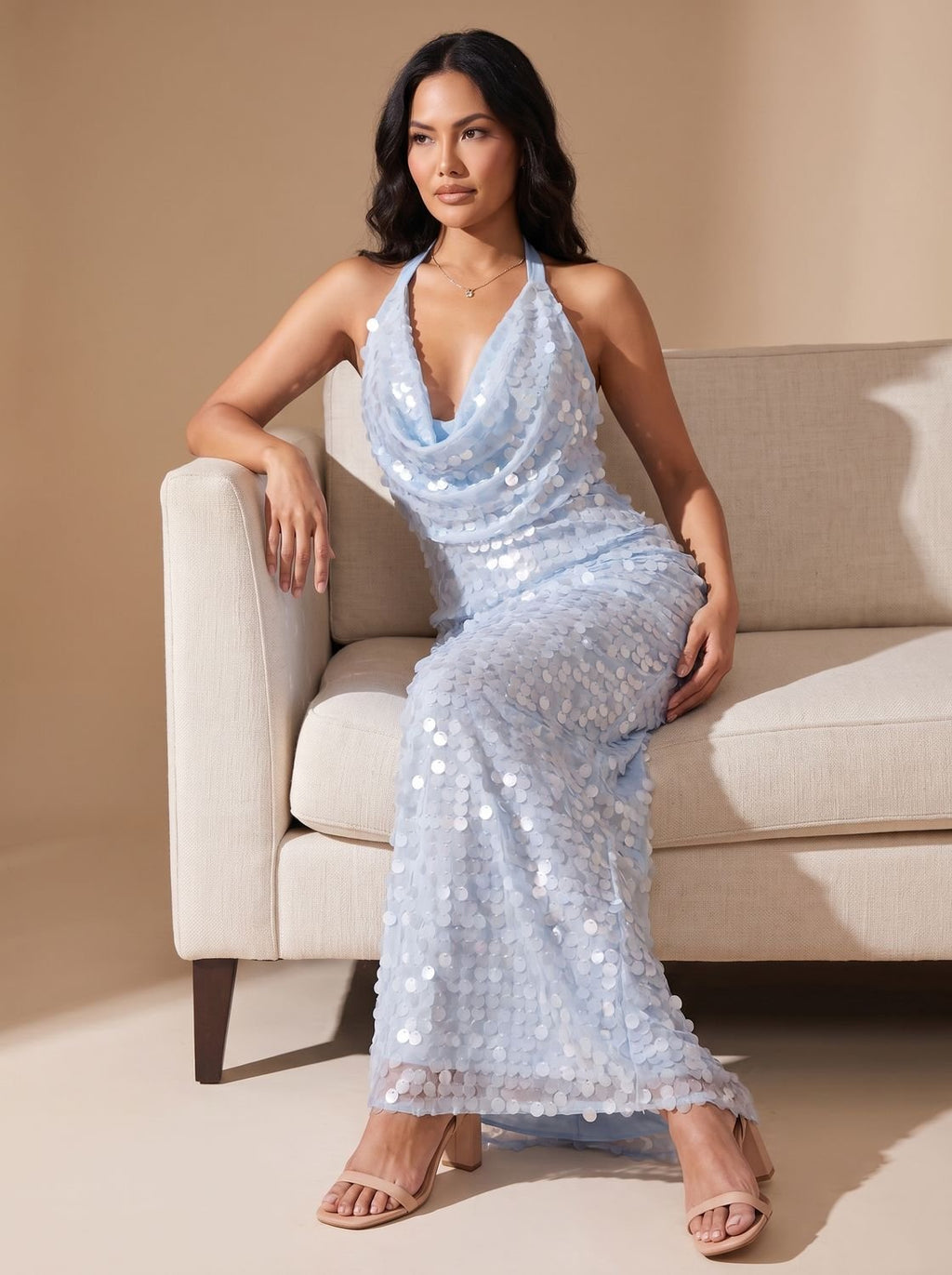 Women's Blue Halter Cowl-Neck Sequin Maxi Dress