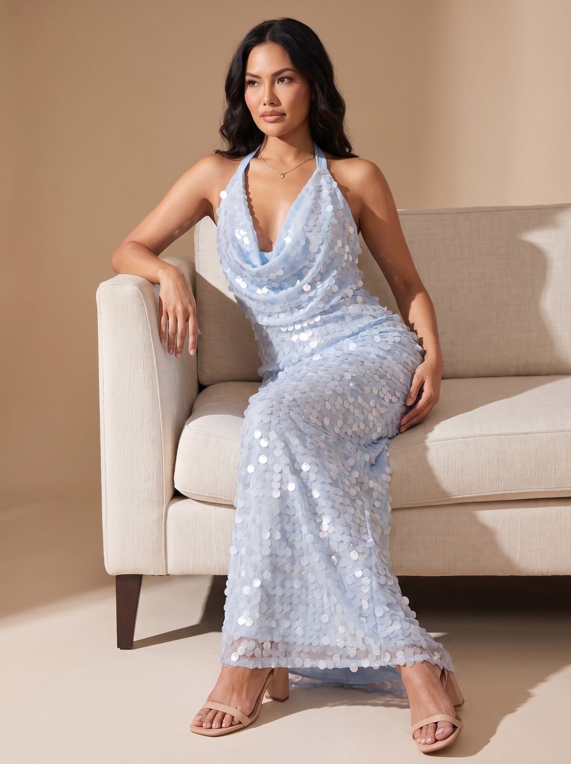 Women's Blue Halter Cowl-Neck Sequin Maxi Dress