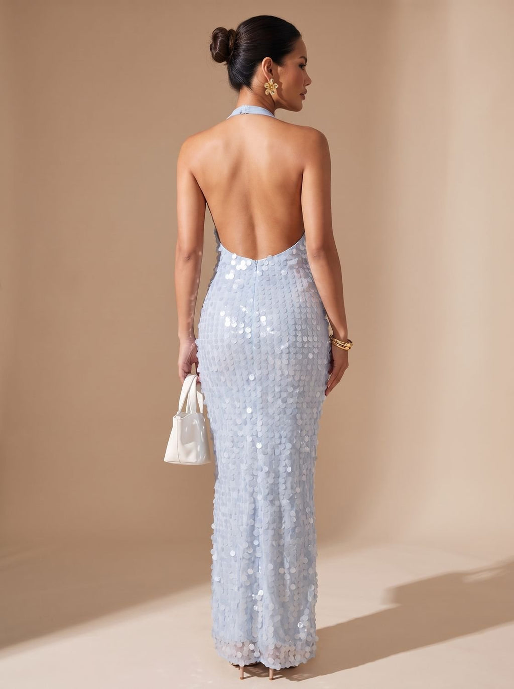 Women's Blue Halter Cowl-Neck Sequin Maxi Dress