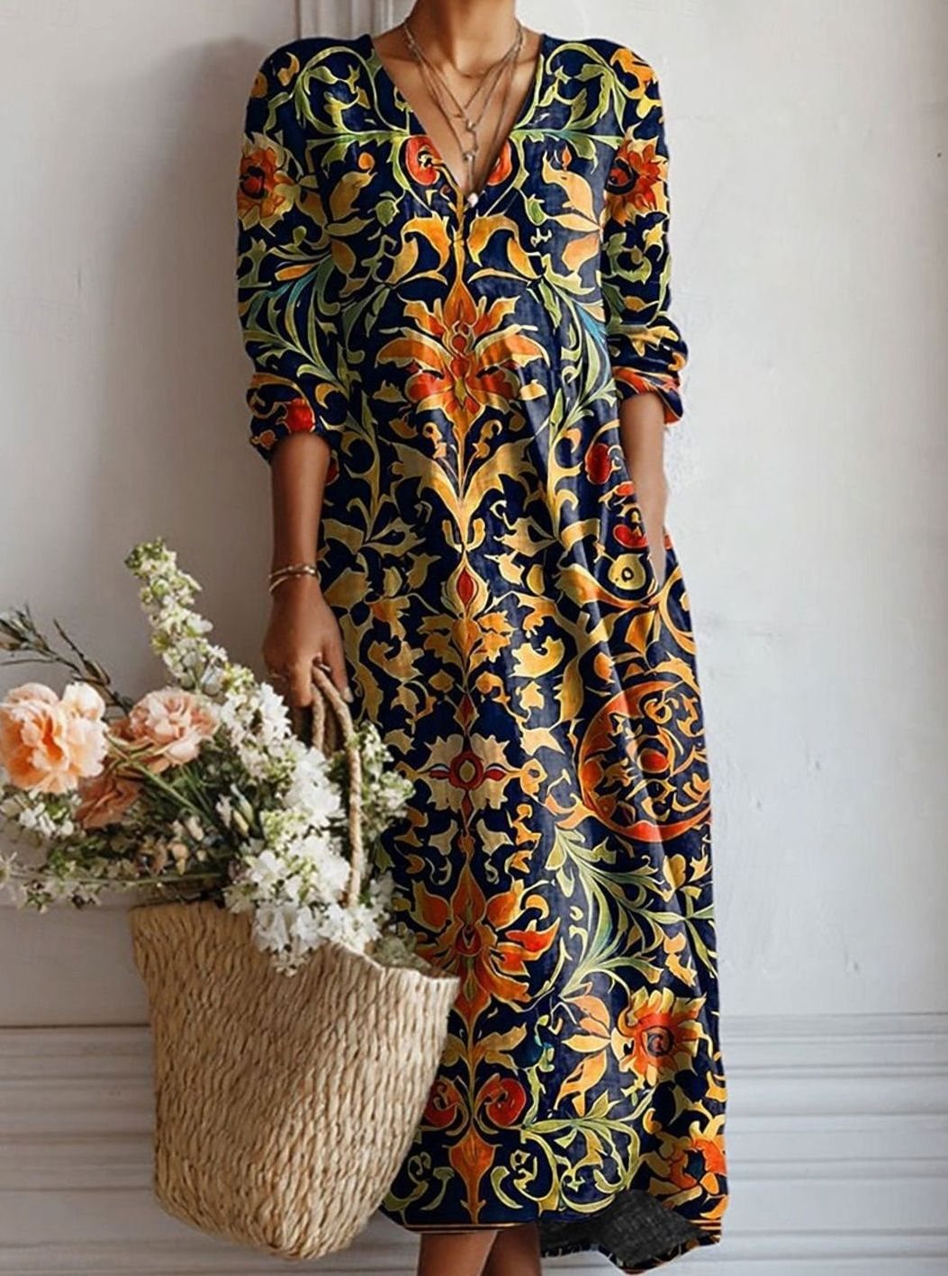 Women's Bohemian Floral Long Sleeve Maxi Dress V-Neck - Dress