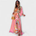Women's Boho Abstract-Print V-Neck Drawstring Maxi Dress - Light Pink