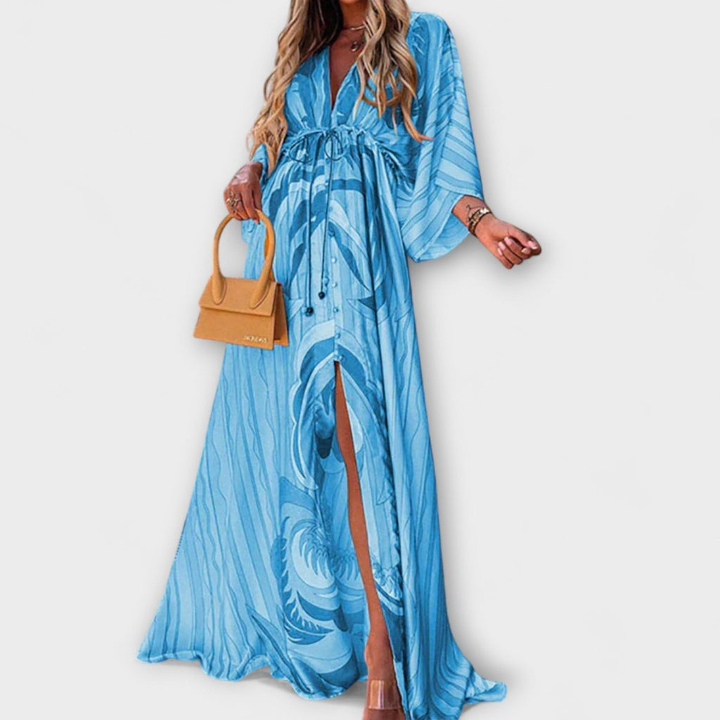 Women's Boho Abstract-Print V-Neck Drawstring Maxi Dress - Blue