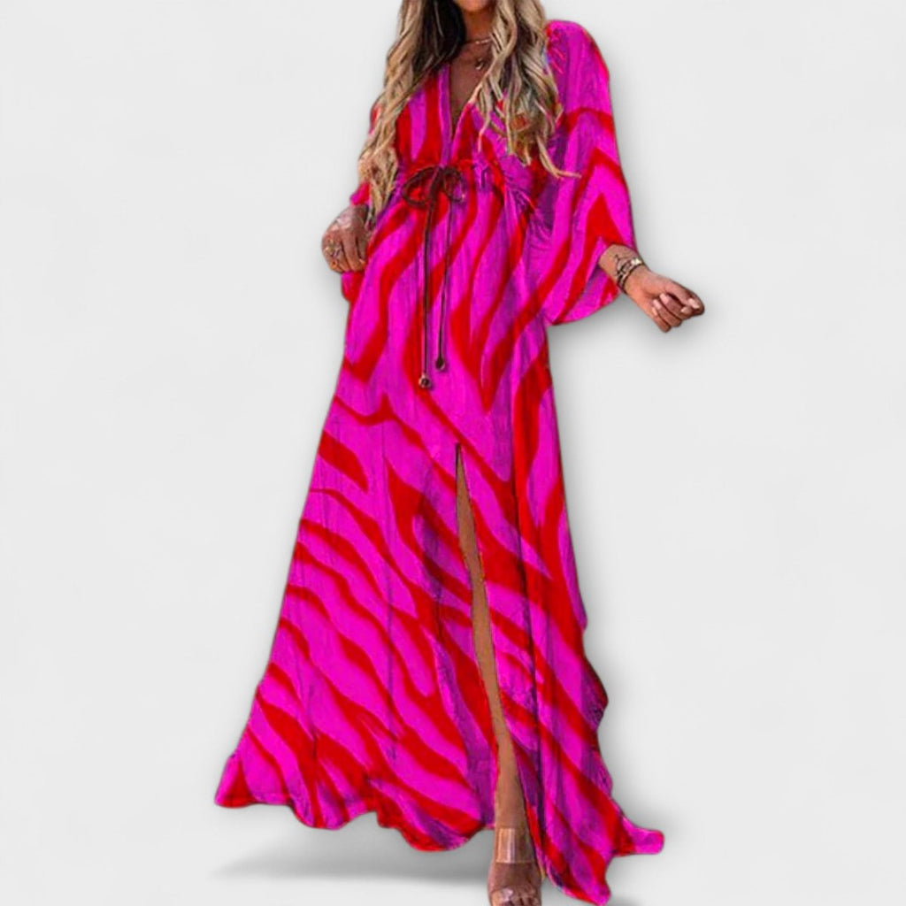 Women's Boho Abstract-Print V-Neck Drawstring Maxi Dress - Pink/Red