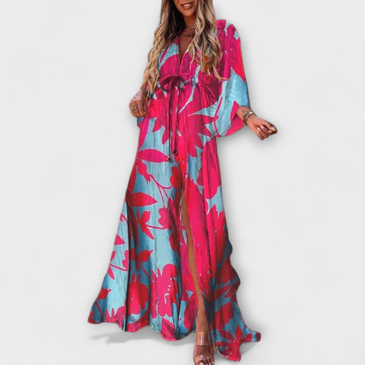 Women's Boho Abstract-Print V-Neck Drawstring Maxi Dress - Blue/Pink
