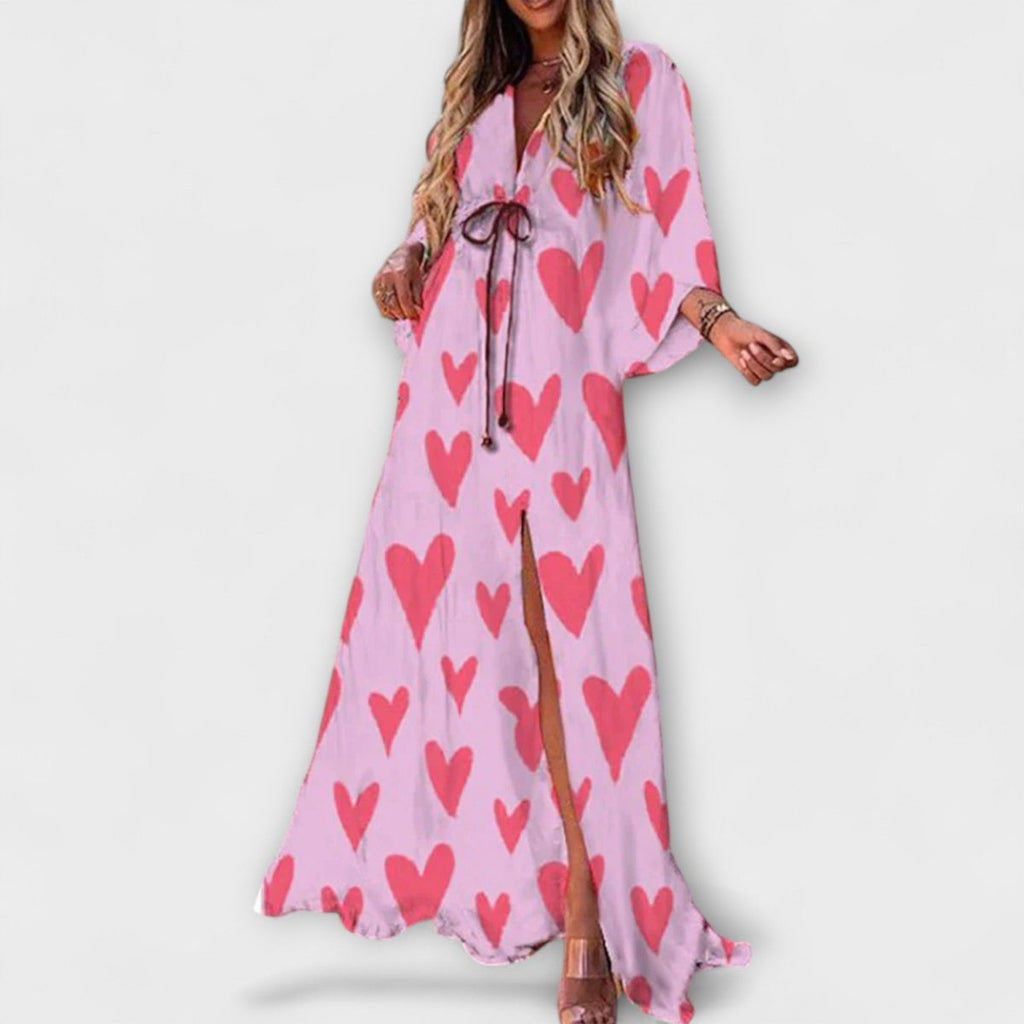 Women's Boho Abstract-Print V-Neck Drawstring Maxi Dress - Pink