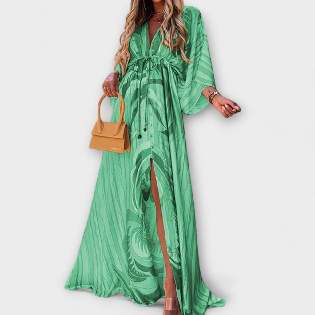 Women's Boho Abstract-Print V-Neck Drawstring Maxi Dress - Green