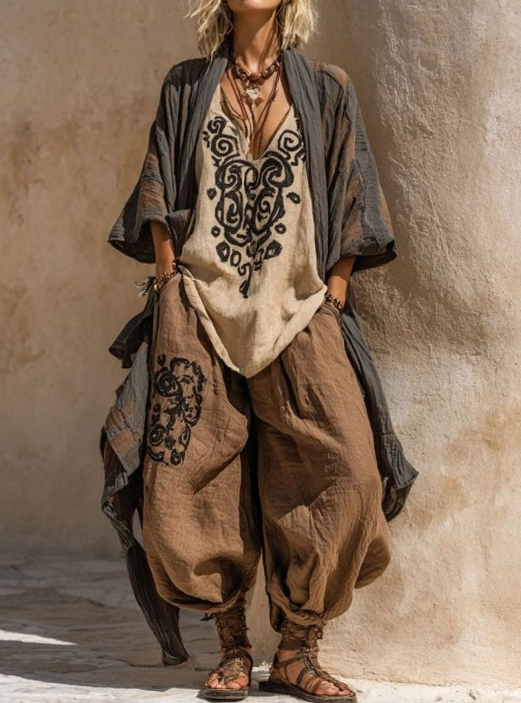 Women's Boho Art Print Linen Three-Piece Matching Set - Brown