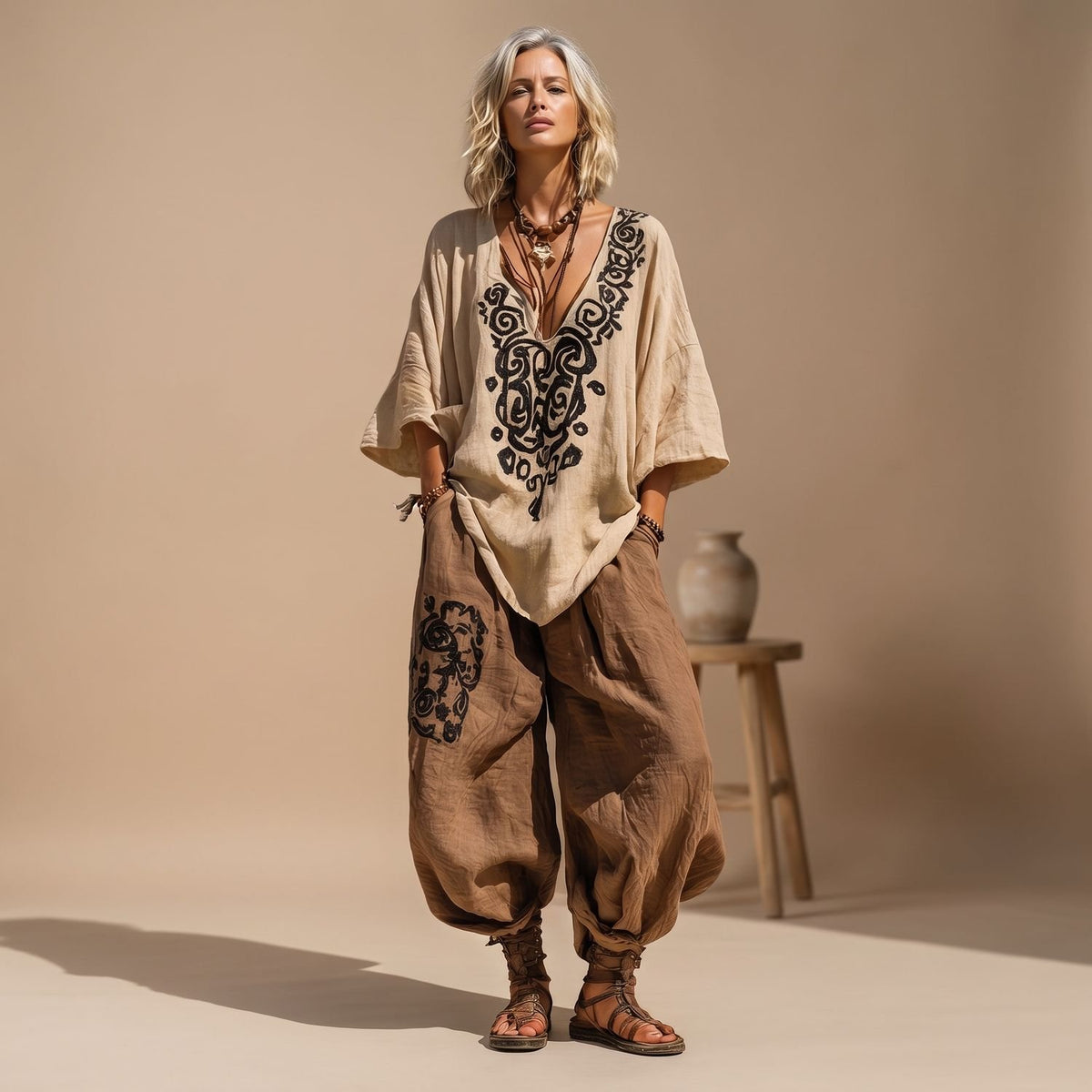 Women's Boho Art Print Linen Three-Piece Matching Set