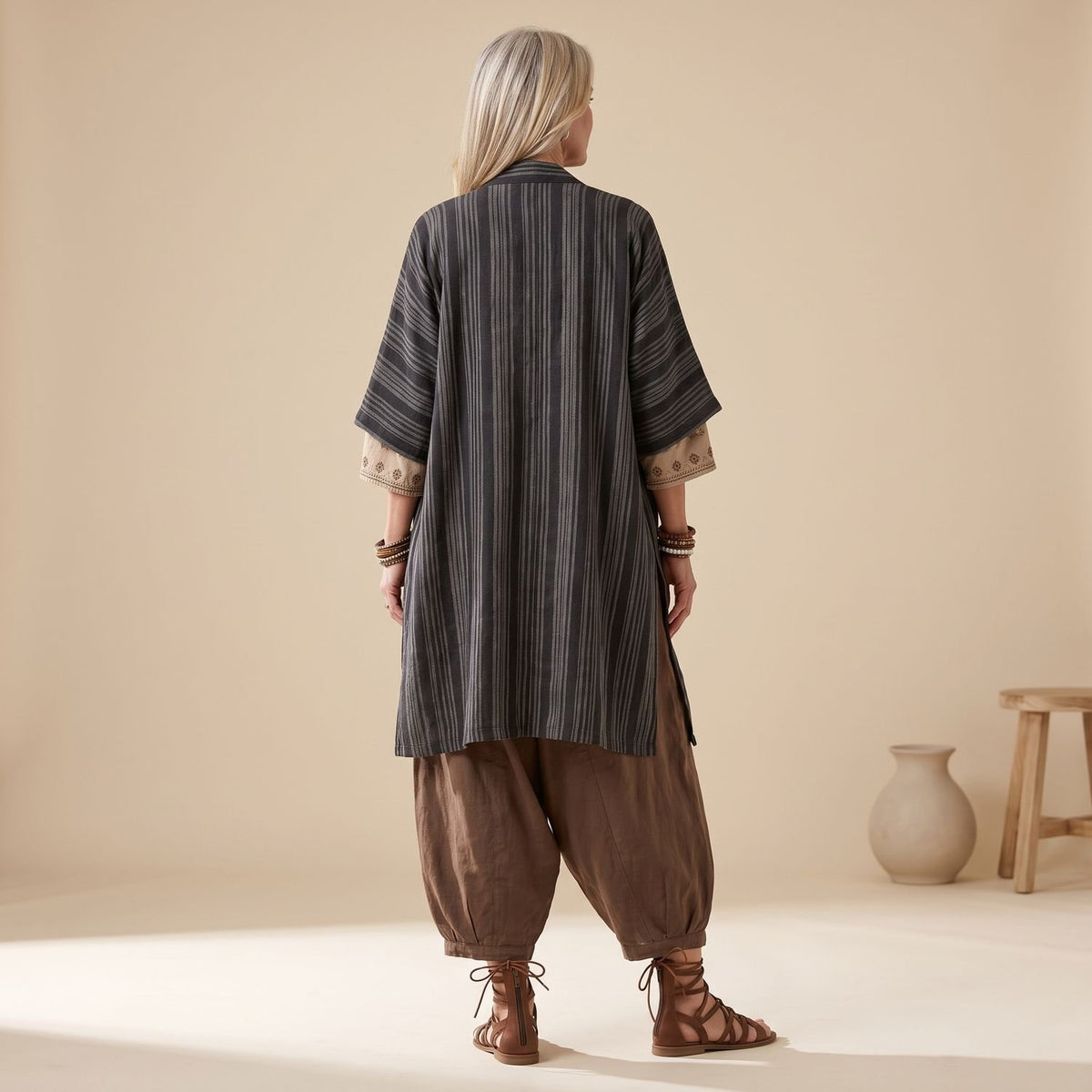 Women's Boho Art Print Linen Three-Piece Matching Set