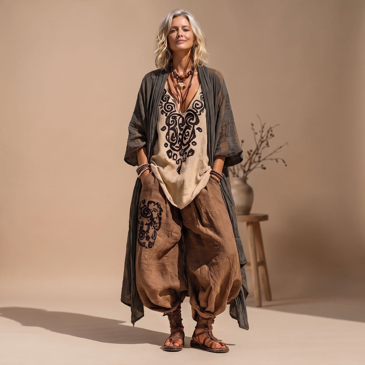 Women's Boho Art Print Linen Three-Piece Matching Set
