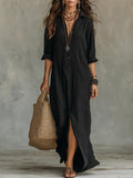 Women's Boho Button-Down Long Sleeve Maxi Dress - Black