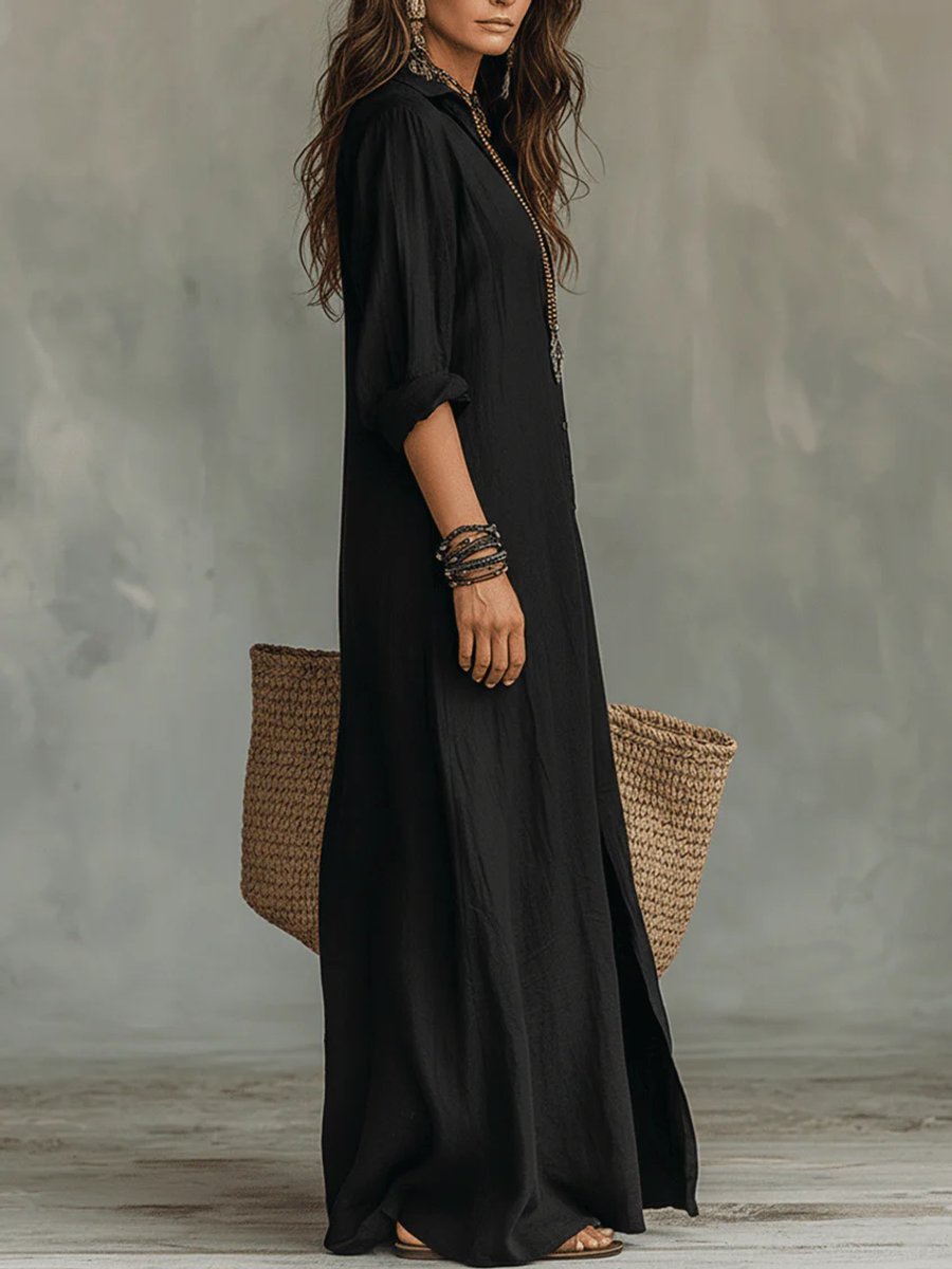Women's Boho Button-Down Long Sleeve Maxi Dress
