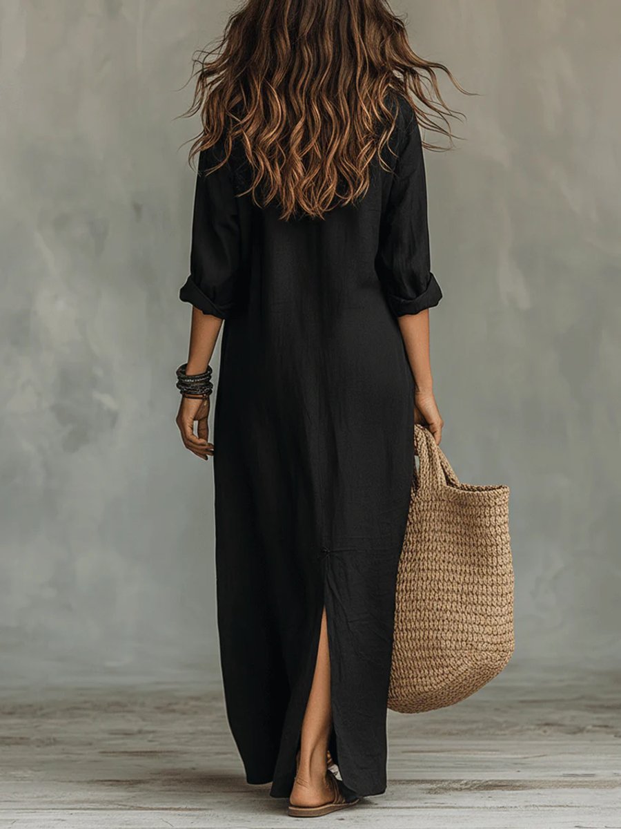 Women's Boho Button-Down Long Sleeve Maxi Dress
