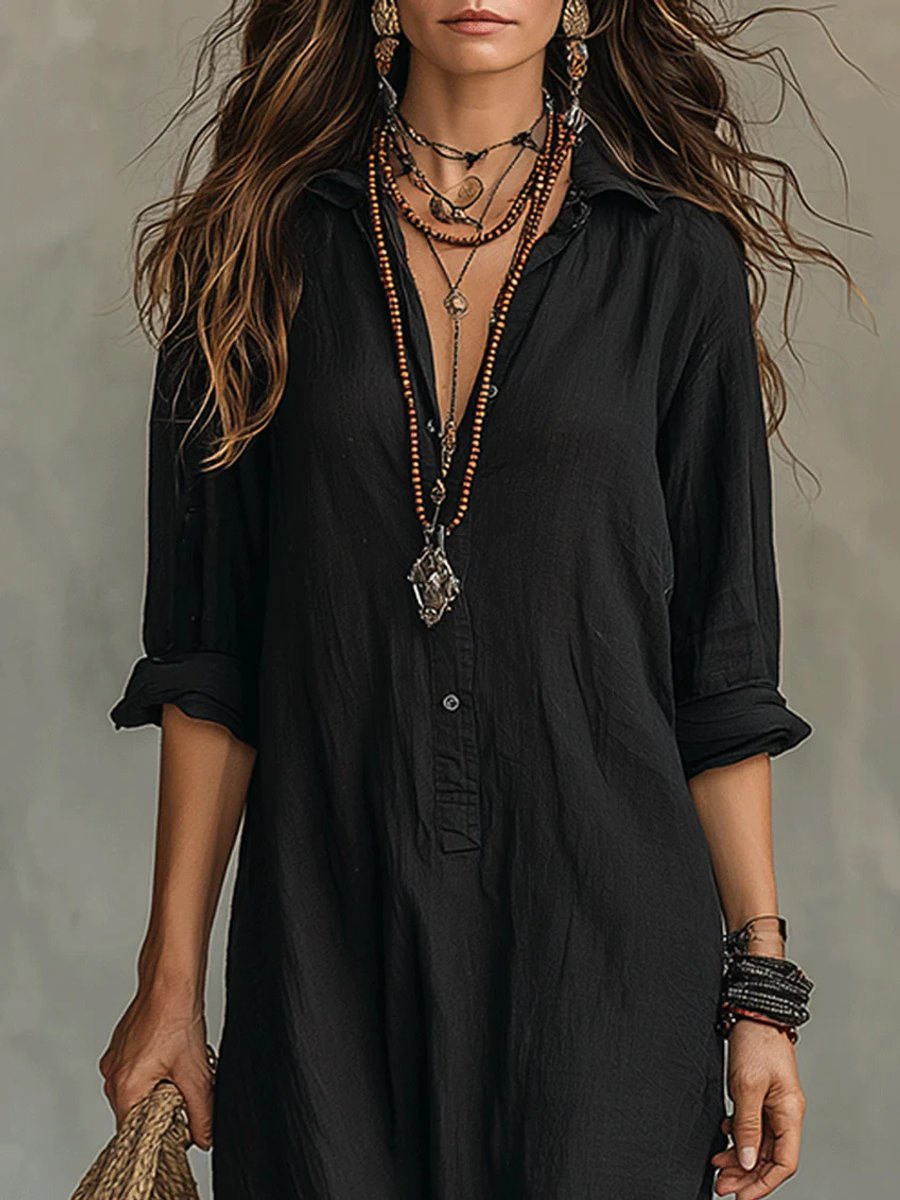 Women's Boho Button-Down Long Sleeve Maxi Dress