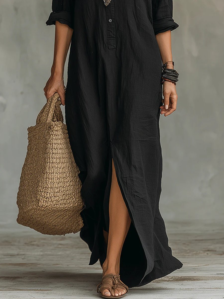Women's Boho Button-Down Long Sleeve Maxi Dress