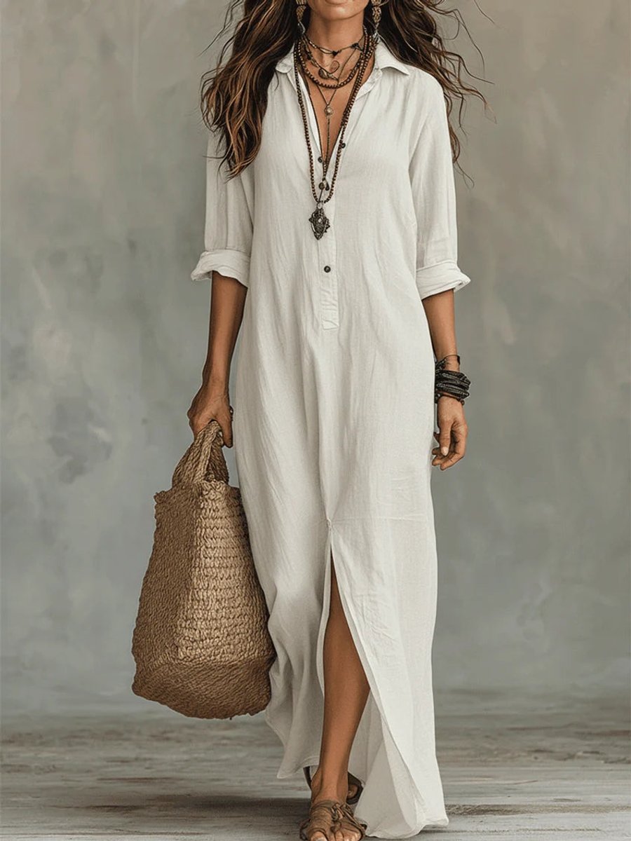 Women's Boho Button-Down Long Sleeve Maxi Dress - White