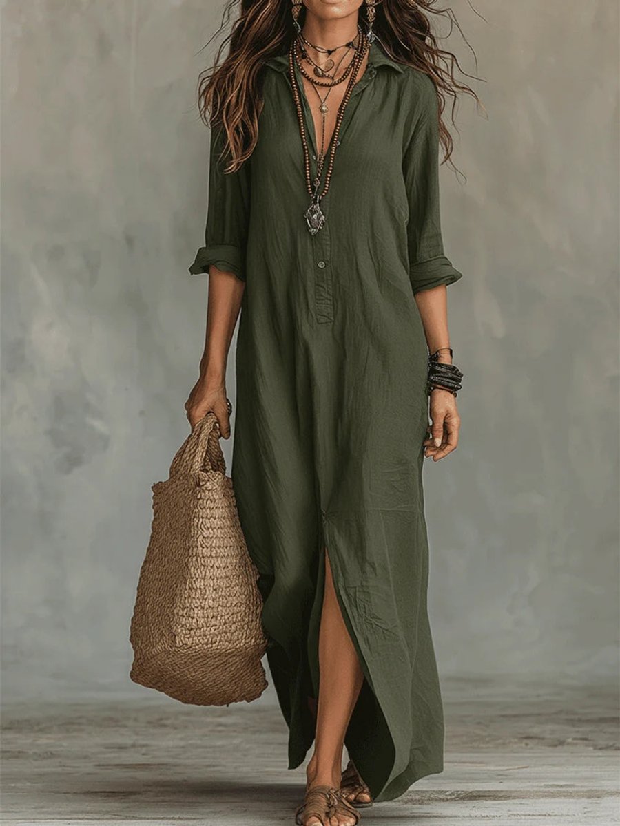 Women's Boho Button-Down Long Sleeve Maxi Dress - Green