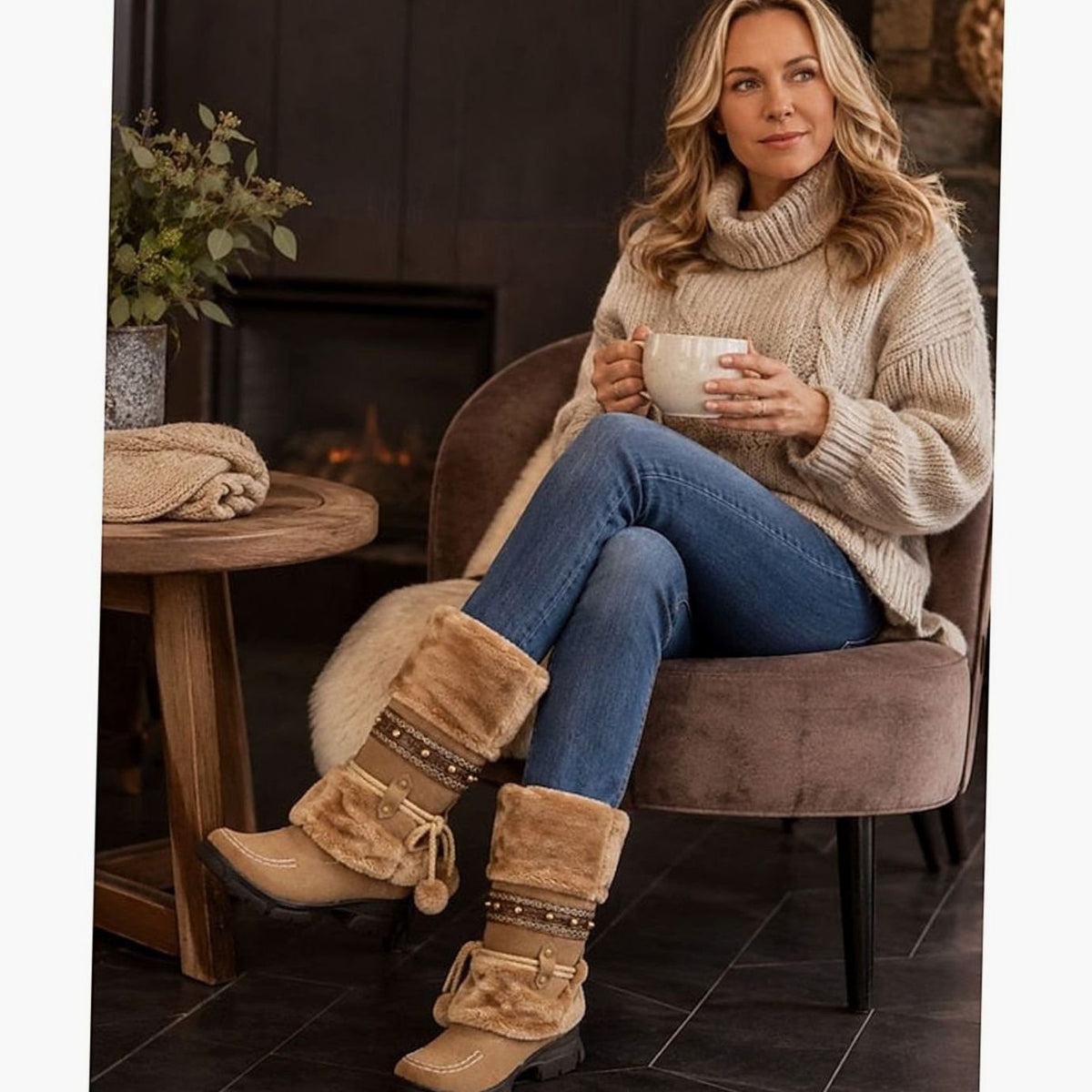 Women's Boho Faux-Fur Cuff Slip-On Mid-Calf Winter Boots