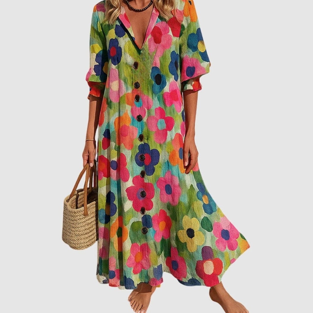 Women's Boho Floral Button-Front V-Neck Maxi Dress - Multicolor 1