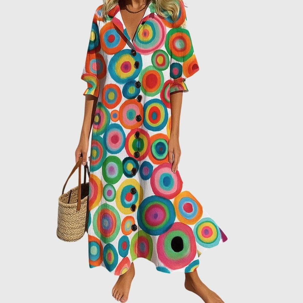 Women's Boho Floral Button-Front V-Neck Maxi Dress - Multicolor 2
