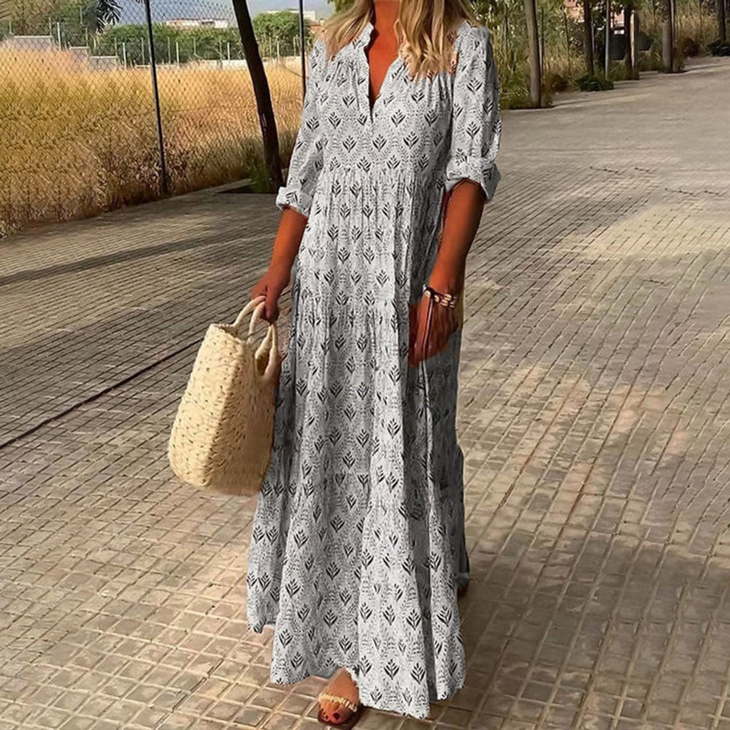 Women's Boho Floral-Print V-Neck Maxi Cocktail Party Dress - Gray