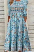 Women's Boho Floral Smocked-Waist 3/4 Sleeve Midi Dress - Blue