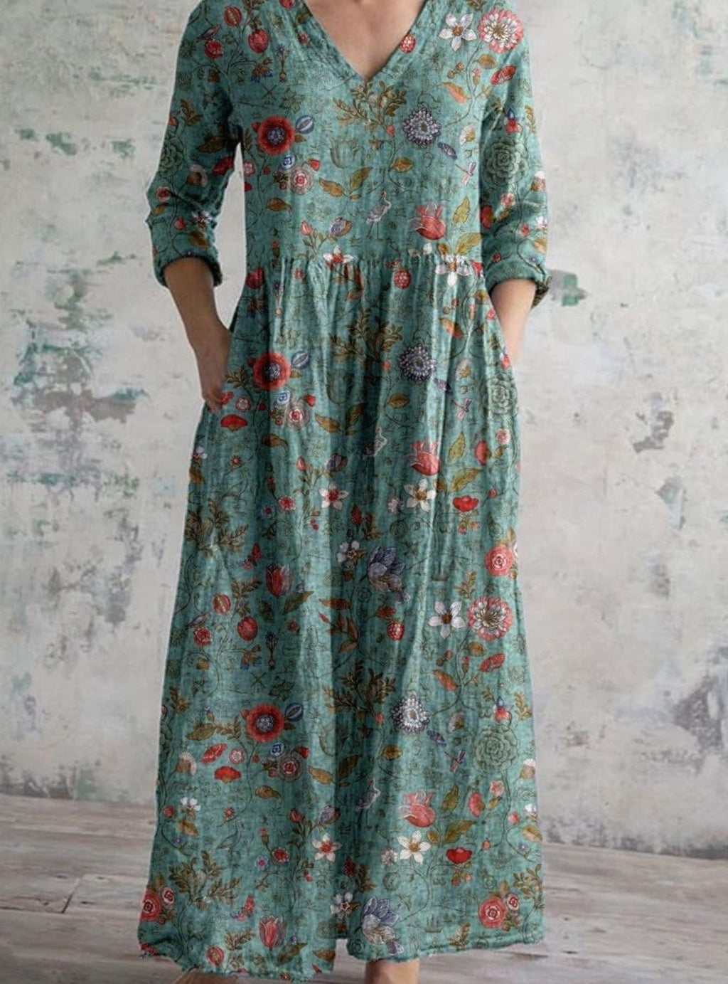 Women's Boho Floral V-Neck 3/4 Sleeve Maxi Dress