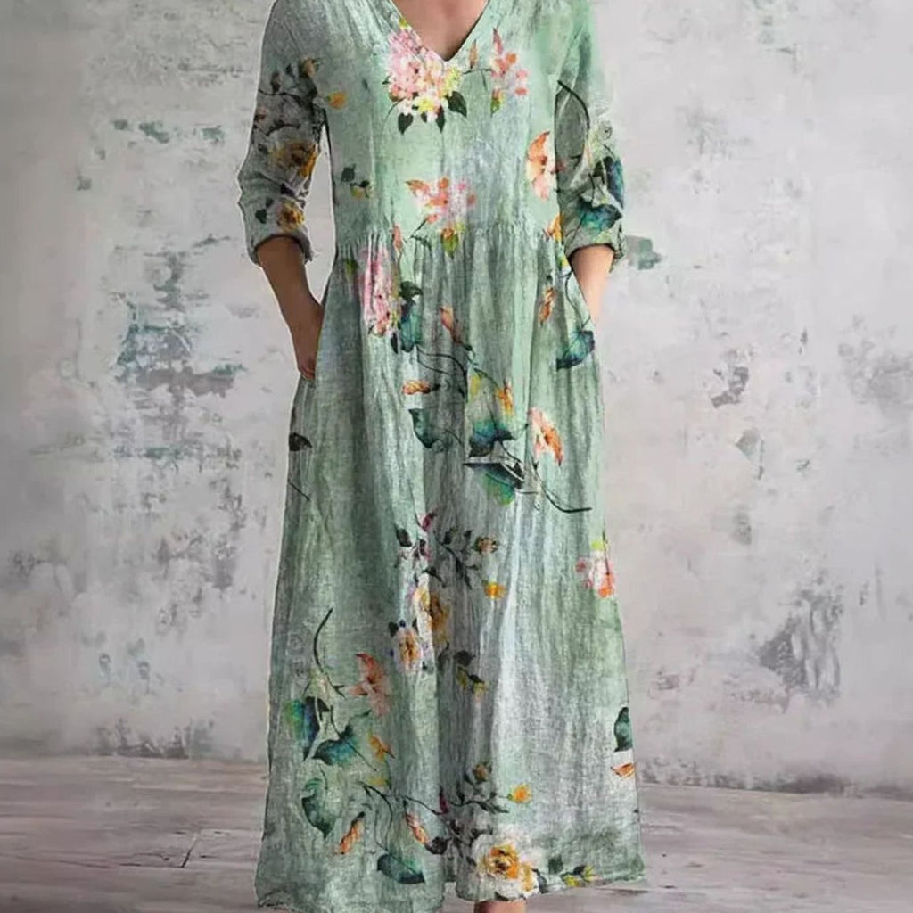 Women's Boho Floral V-Neck 3/4 Sleeve Maxi Dress - Light Green