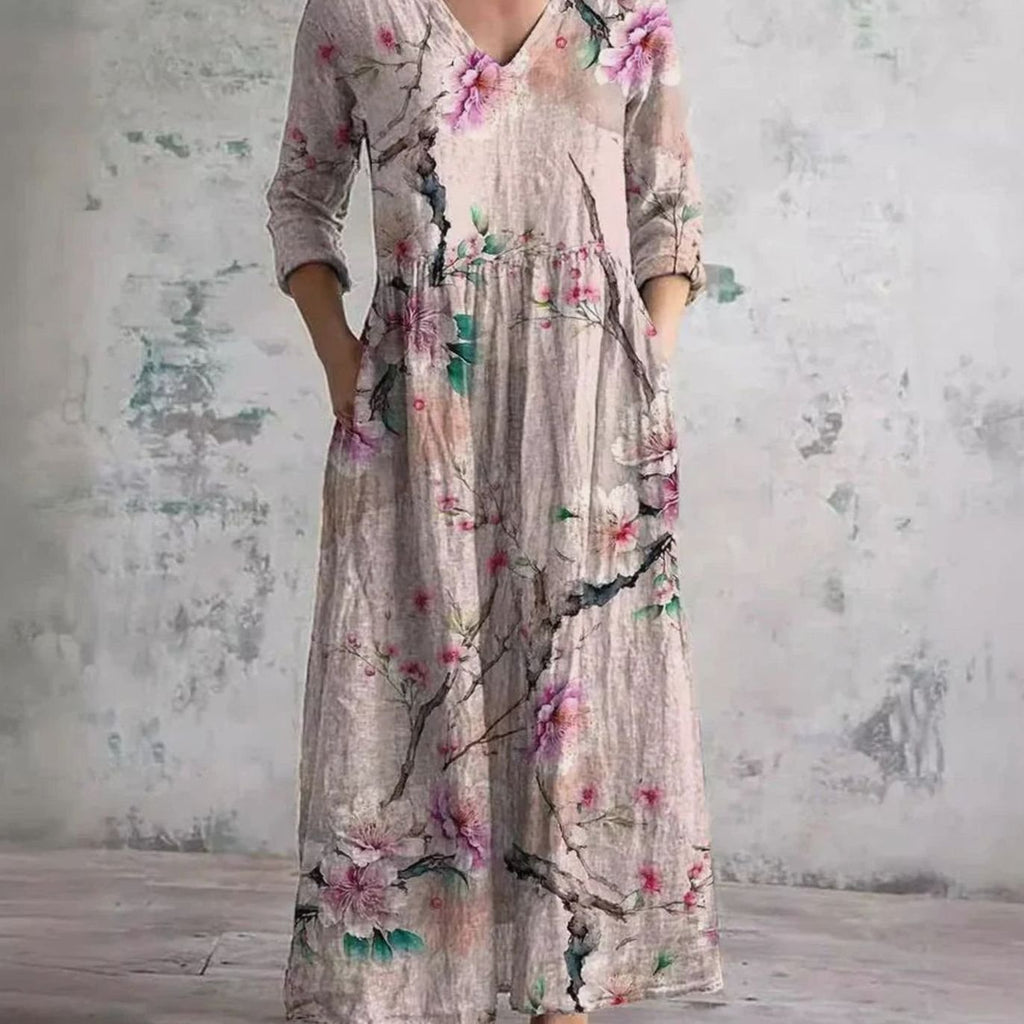 Women's Boho Floral V-Neck 3/4 Sleeve Maxi Dress - Pink