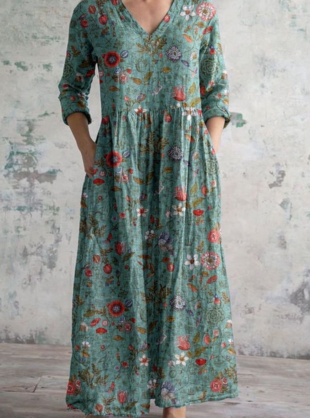 Women's Boho Floral V-Neck 3/4 Sleeve Maxi Dress