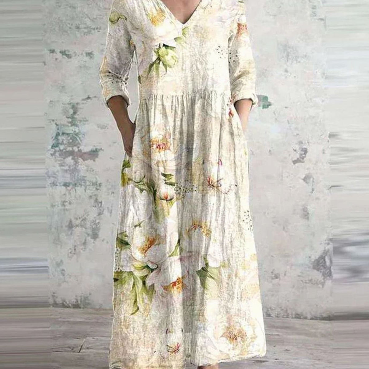 Women's Boho Floral V-Neck 3/4 Sleeve Maxi Dress
