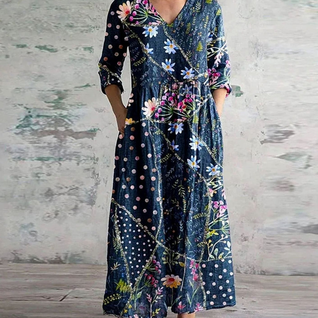 Women's Boho Floral V-Neck 3/4 Sleeve Maxi Dress