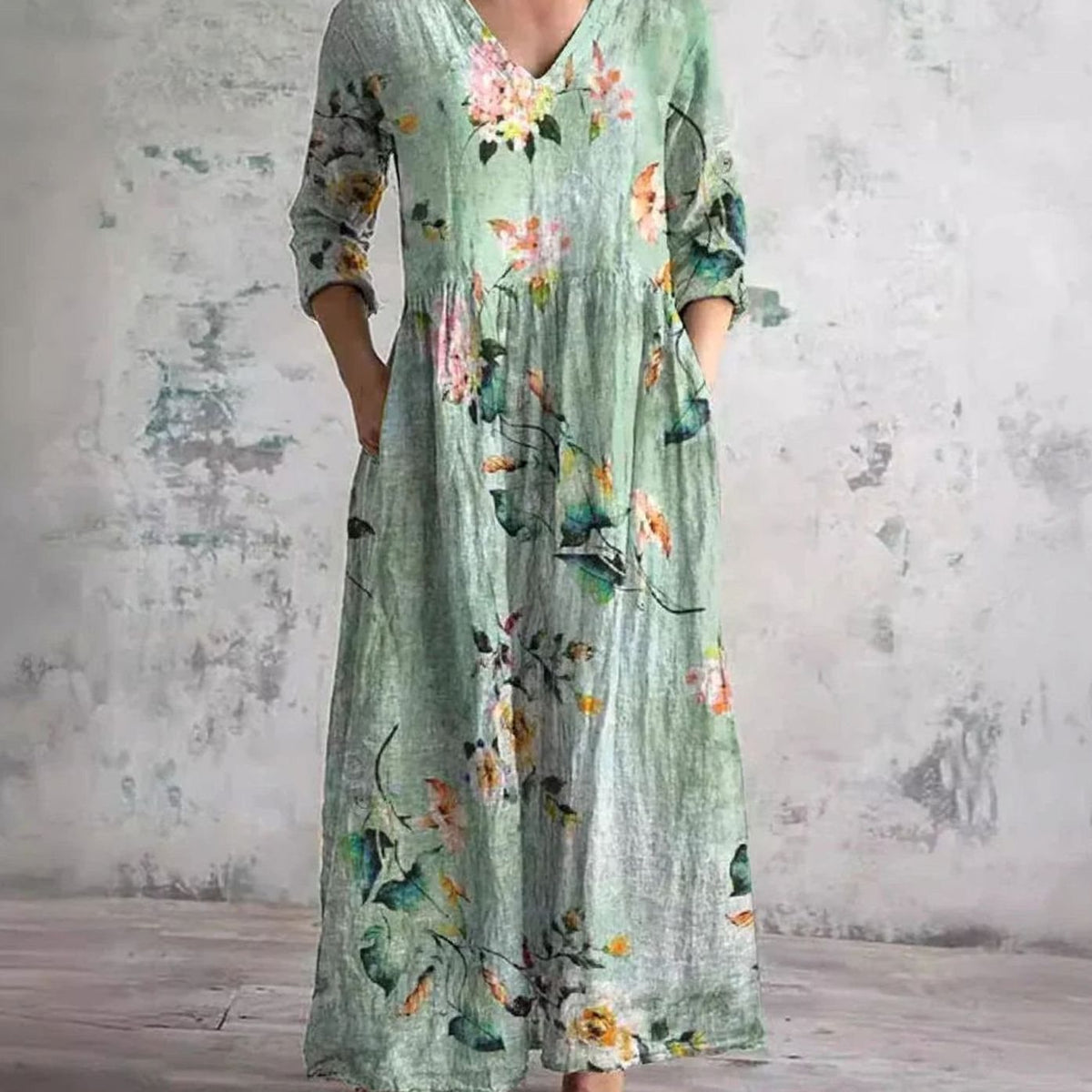 Women's Boho Floral V-Neck 3/4 Sleeve Maxi Dress