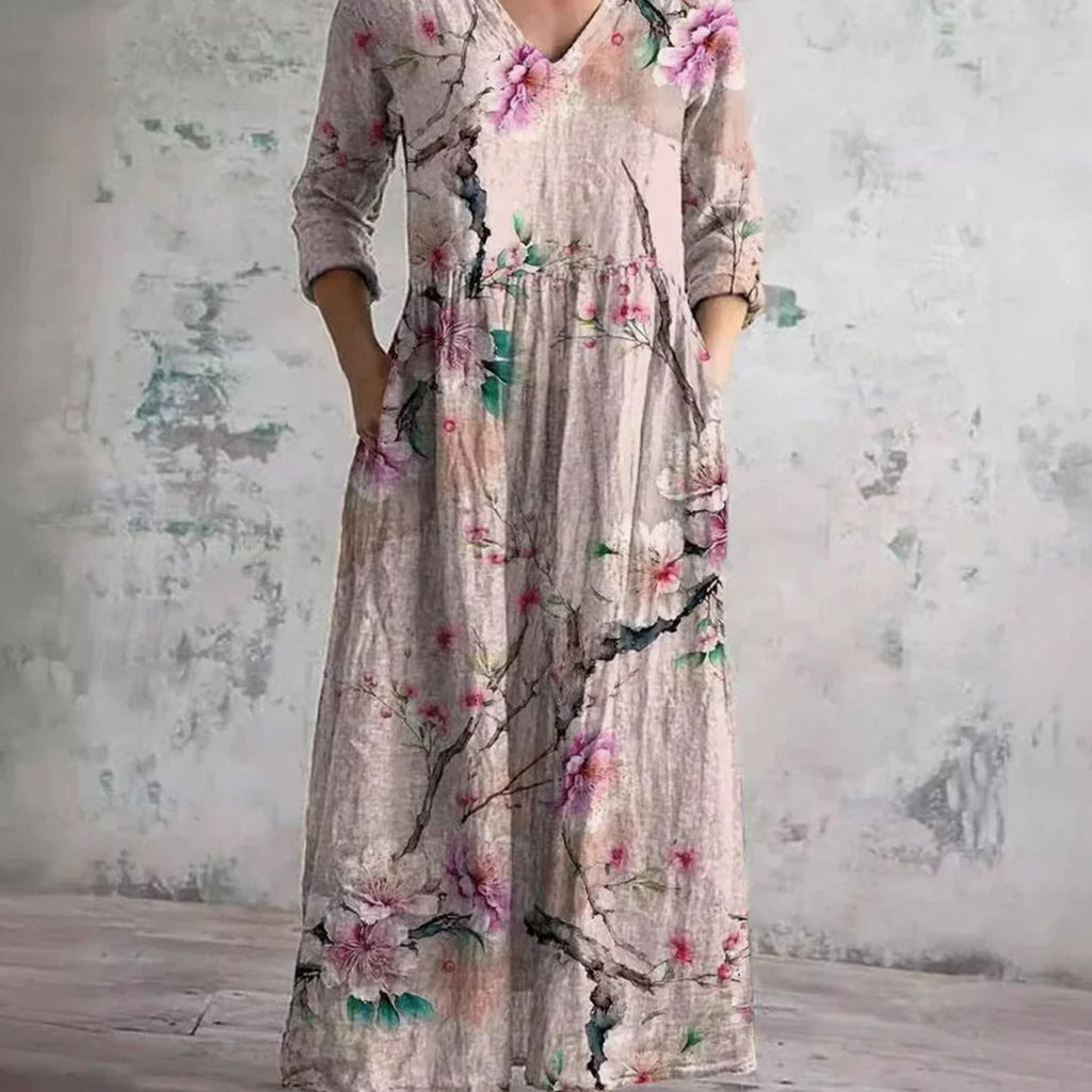 Women's Boho Floral V-Neck 3/4 Sleeve Maxi Dress