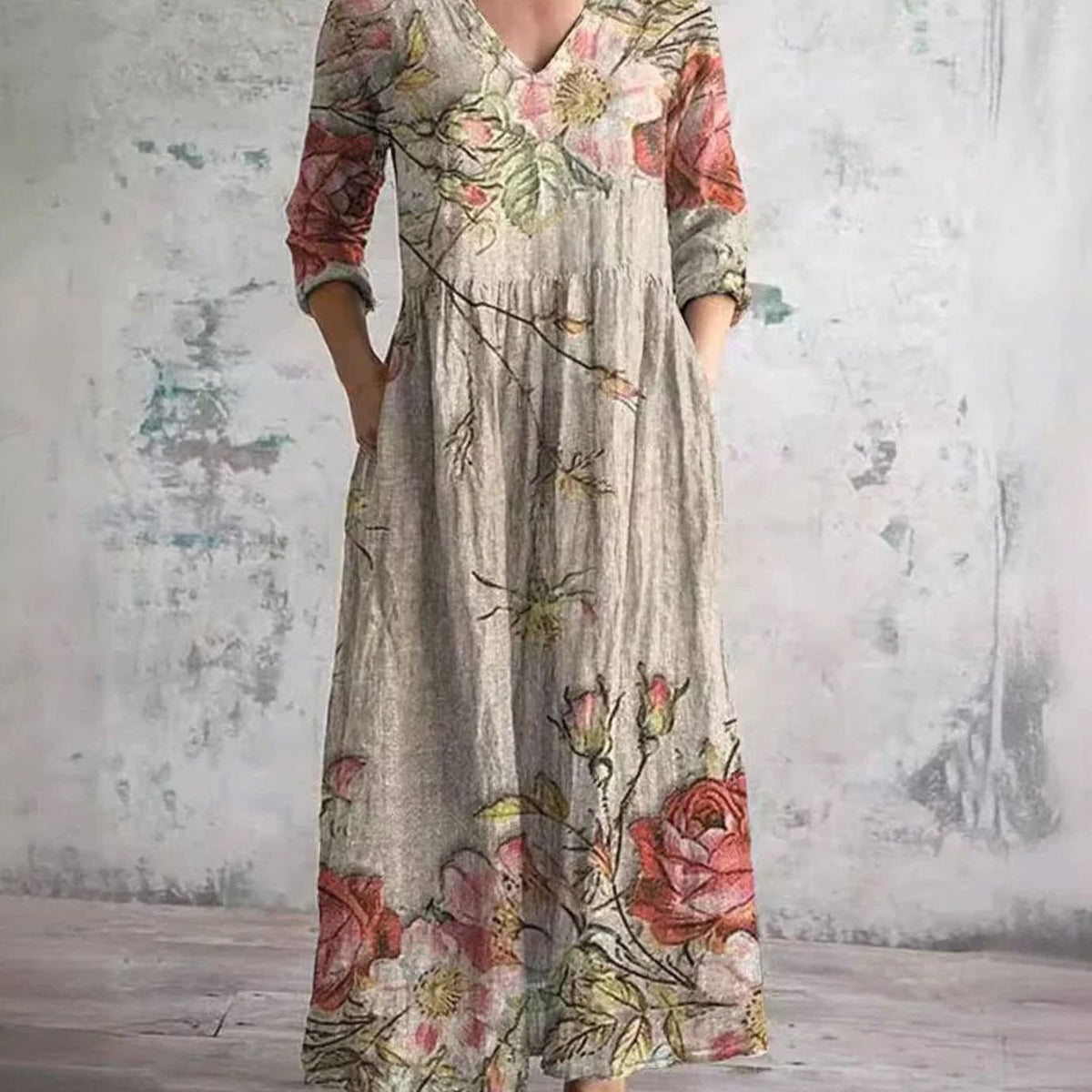 Women's Boho Floral V-Neck 3/4 Sleeve Maxi Dress