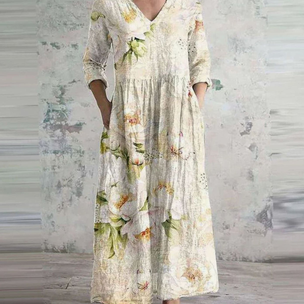 Women's Boho Floral V-Neck 3/4 Sleeve Maxi Dress