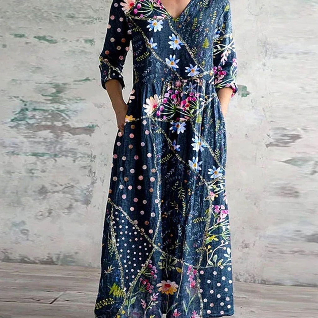 Women's Boho Floral V-Neck 3/4 Sleeve Maxi Dress