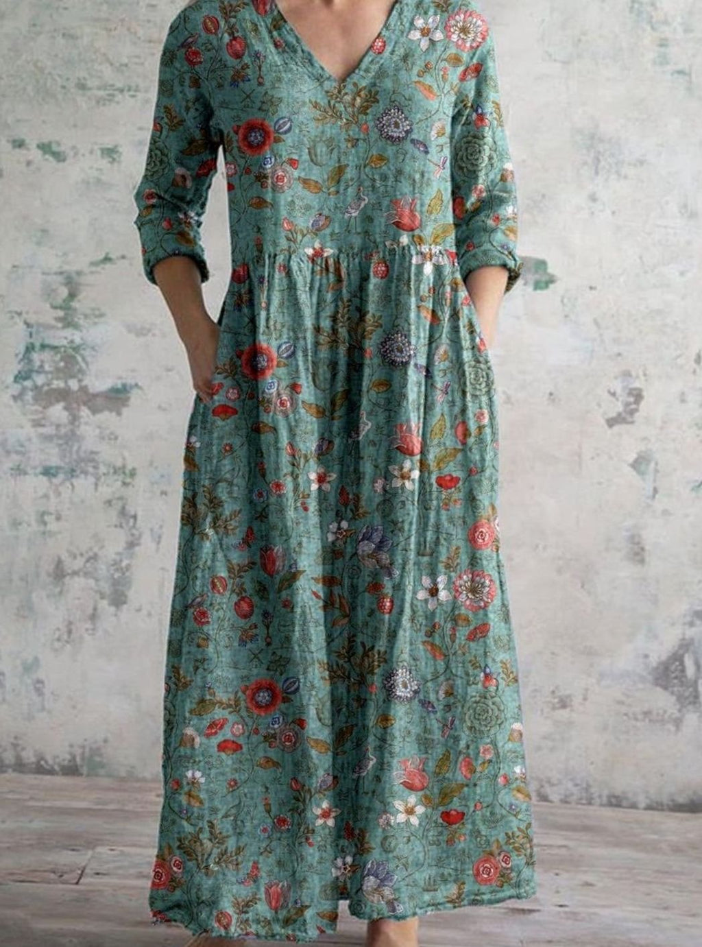 Women's Boho Floral V-Neck 3/4 Sleeve Maxi Dress - Green