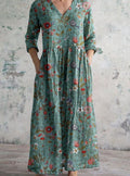 Women's Boho Floral V-Neck 3/4 Sleeve Maxi Dress - Green