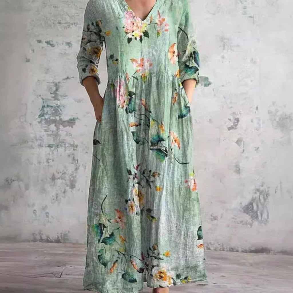 Women's Boho Floral V-Neck 3/4 Sleeve Maxi Dress